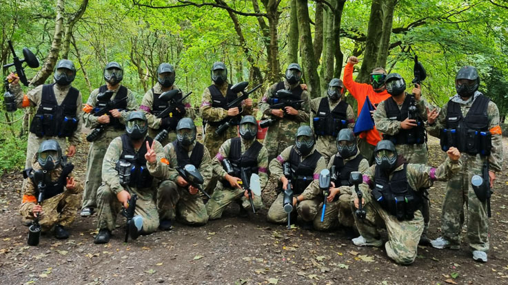 stag group celebrating after low impact paintball game